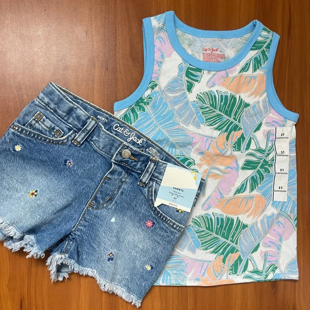 Cat &‎ Jack Girls 5T Tropical Tank Top & Embroidered Denim Shorts Summer Outfit